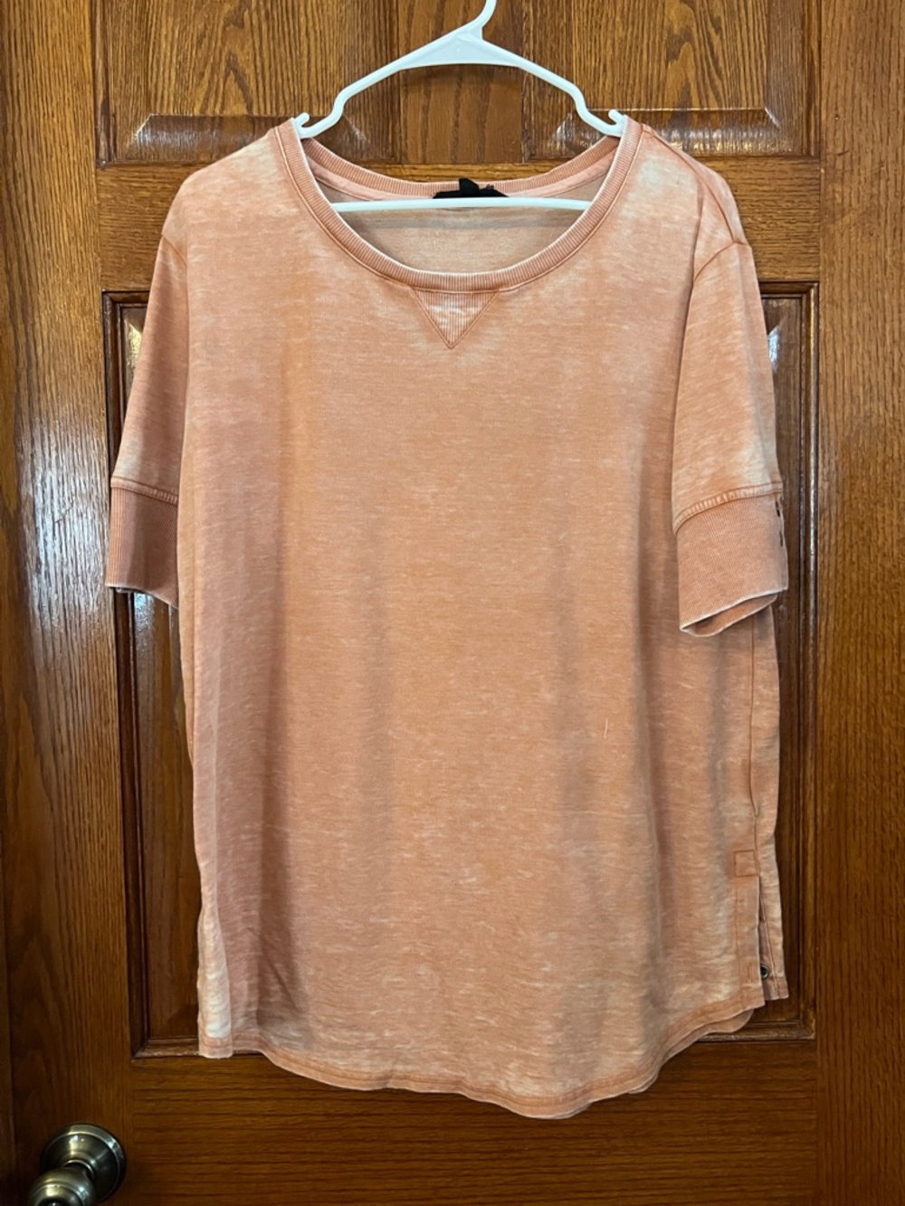 Jane And Delaney L Pullover Short Sleeve Top Terra Cotta Orange Button Detail